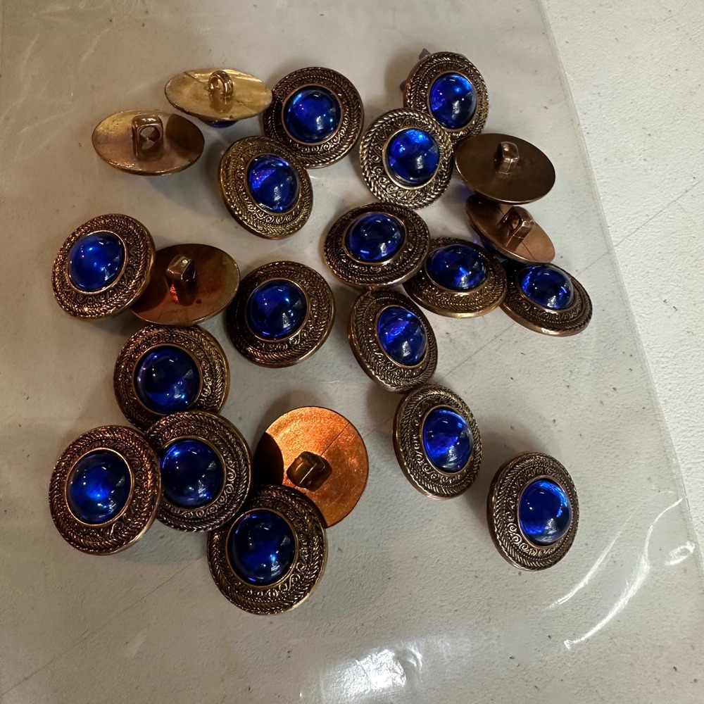 Vintage Style Cobalt Blue Faux Sapphire Antique Gold Filigree Shank Buttons 22pc
